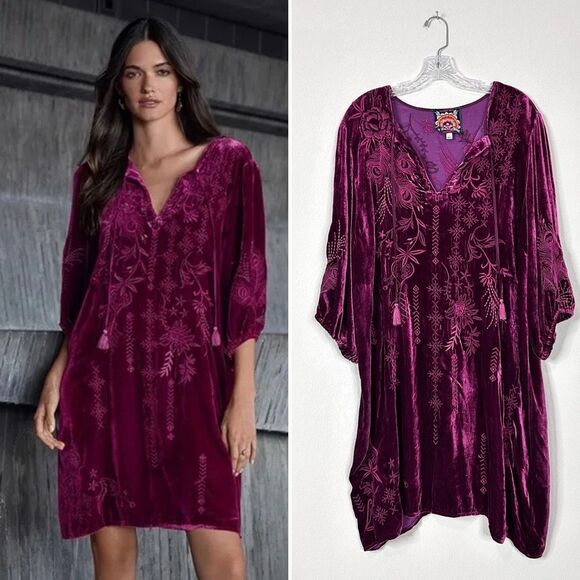 Johnny Was Azure Velvet Embroidered Dress Purple Size L Boho Resort Holidays - Picture 1 of 16